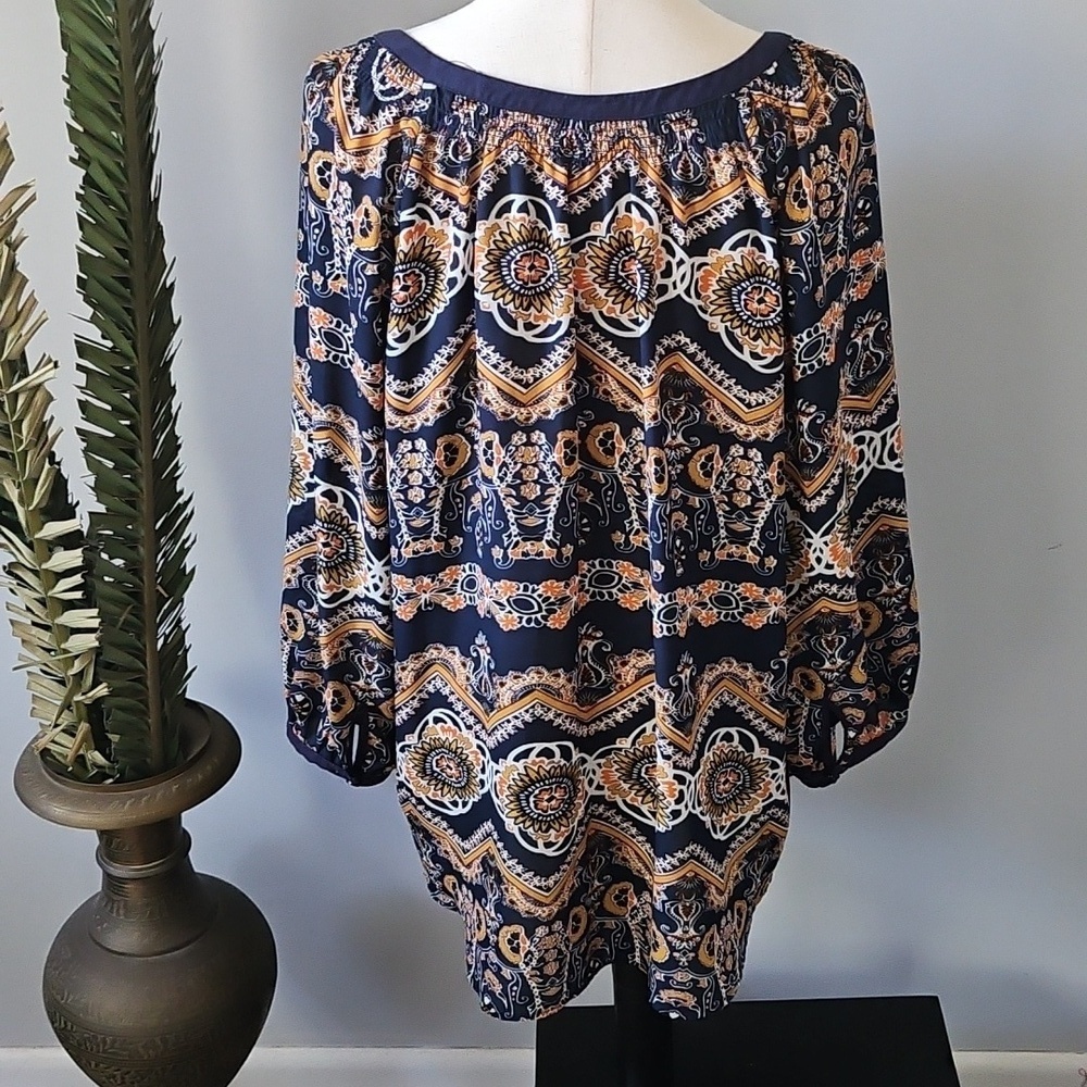 Valerie Stevens Navy, Orange, and Gold Patterned Popover Blouse - Picture 2 of 14